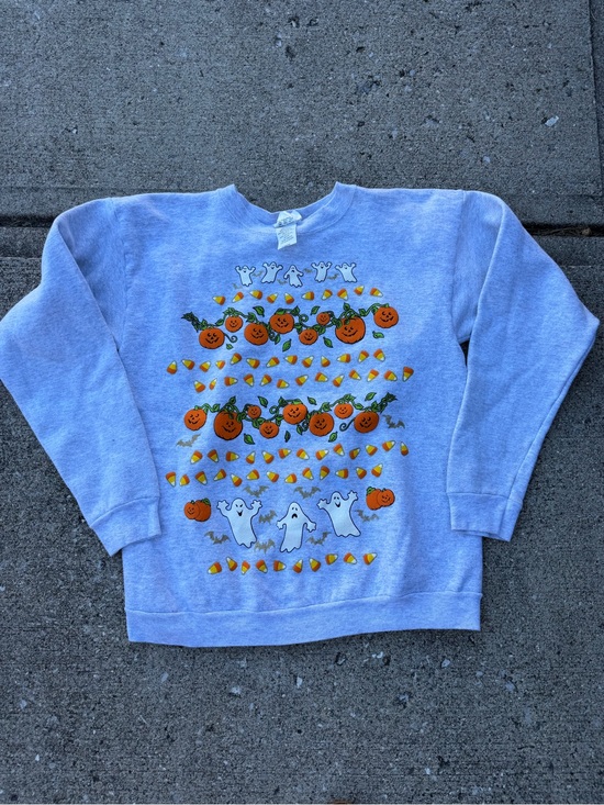 Peanuts Sweaters - Vintage Peanuts Halloween Ghost & Pumpkin Sweatshirt Light Gray